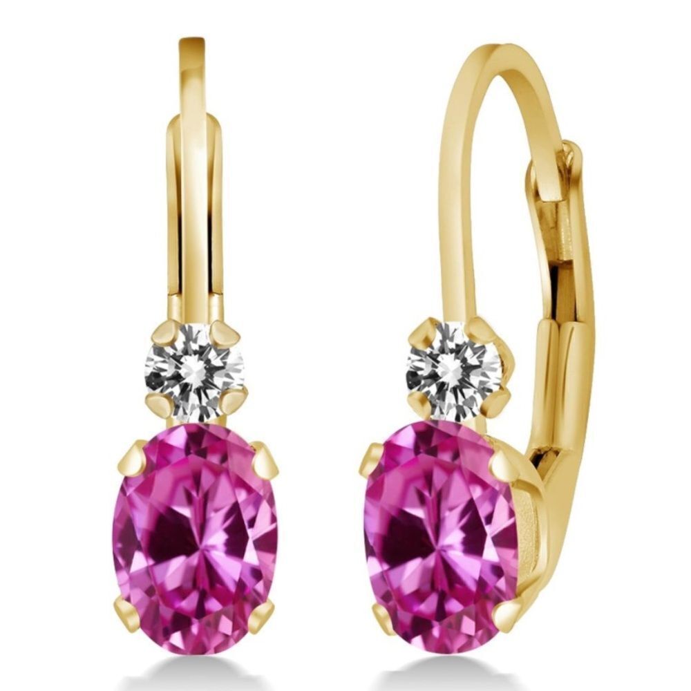 14K Yellow Gold with 1.07 Cttw Pink Sapphire and Diamond Leverback Drop Earrings